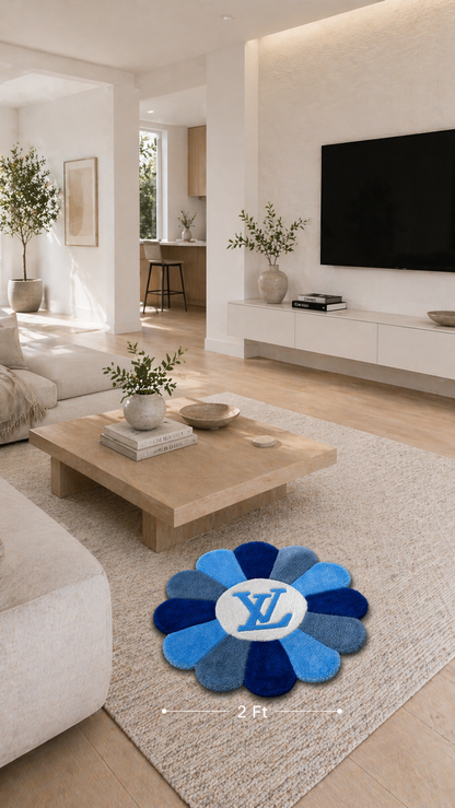Blue Monogram Flower Rug – Luxury Inspired Tufted Statement Rug (2ft, 3ft, 4ft)