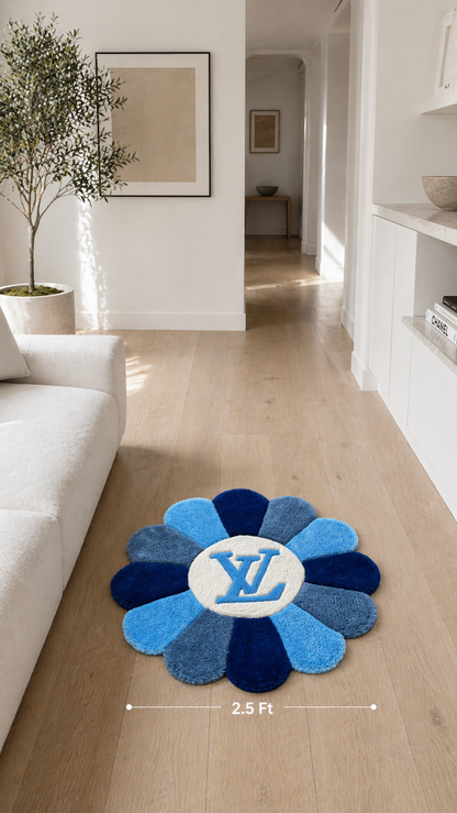 Blue Monogram Flower Rug – Luxury Inspired Tufted Statement Rug (2ft, 3ft, 4ft)