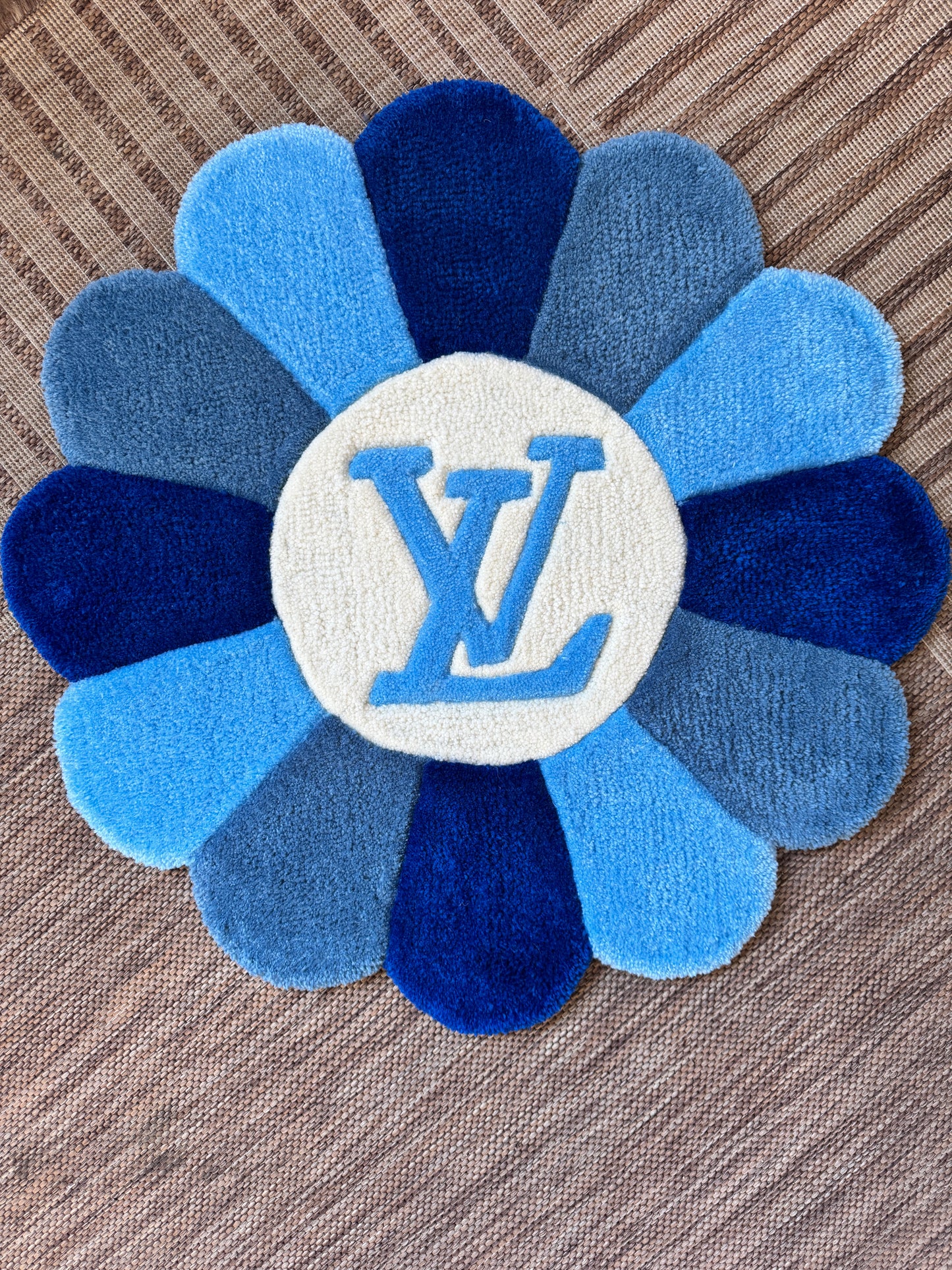 Blue Monogram Flower Rug – Luxury Inspired Tufted Statement Rug (2ft, 3ft, 4ft)
