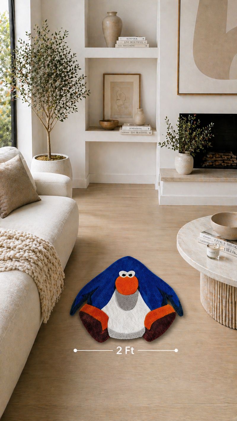 ClubPenguin Cartoon Rug – Handmade Tufted Nostalgia Character Rug (2ft, 3ft, 4ft)